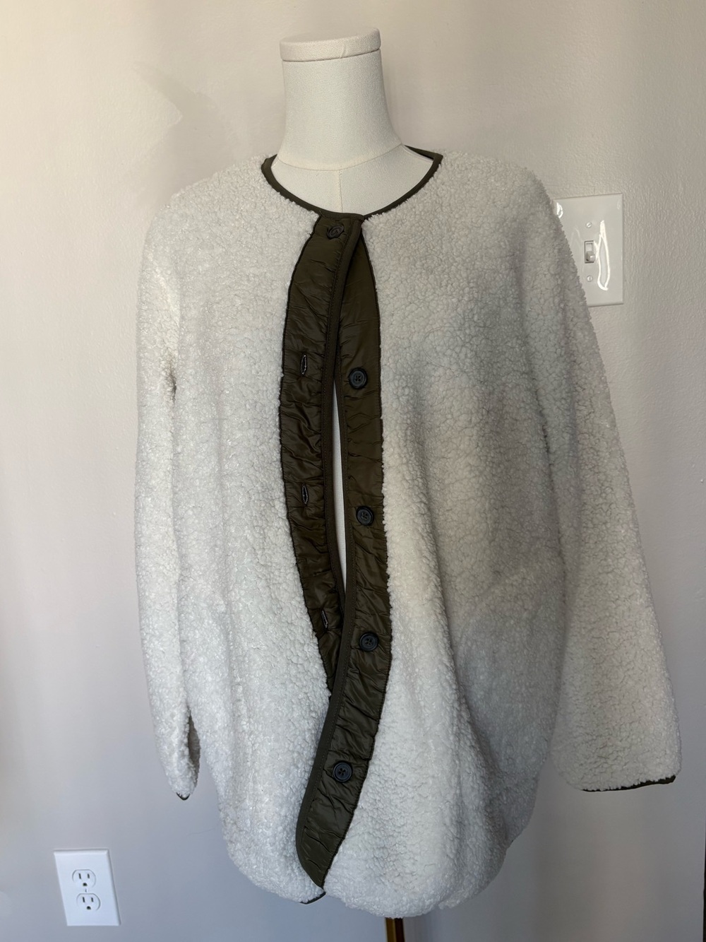 Sanctuary Cream Arcadia Sherpa Jacket with Olive Trim